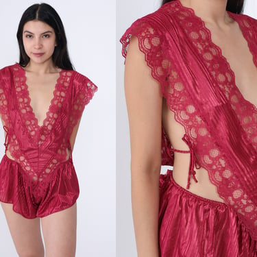 80s Lingerie Teddy Romper Raspberry Red Lace Teddie Deep V Neck Bodysuit 1980s Tap Shorts One Piece Romantic Vintage Sexy Extra Large xl 