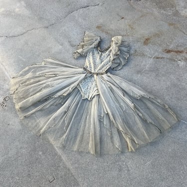 Vintage 1930s White Net Dance Costume Fairy Dress Lace Metallic Silver Trim