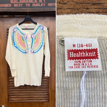Vintage 1970’s Original Hippie Peace Style Rainbow Airbrush Cotton Long Sleeve Tee Shirt, Henley, Healthknit, 70’s Vintage Clothing 