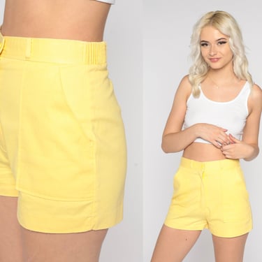 Yellow Shorts 80s High Waisted Shorts Boho Bright Trouser Shorts Retro Hipster Bohemian Plain Normcore Summer Bottoms Vintage 1980s Small S 