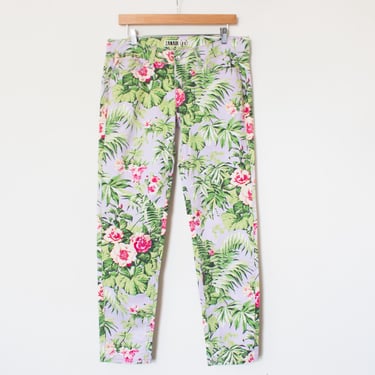 Zana Di | Vintage 00's Y2K It Girl Floral Rhinestone Low Rider Pants | Size 11, Tropical, Plant Pattern, Palm Trees / Girly. 2000s, Flowers 