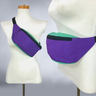 VINTAGE 80s Purple and Sea Green Nylon Fanny Pack or Crossbody Bag | 1980s Belt Pouch Bag | VFG 