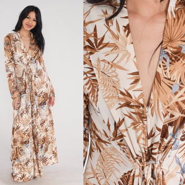 Tropical Maxi Dress 70s Leaf Print Dress Retro Long Sleeve Deep V Neck Seventies Boho White Brown Front Zip Up Party Vintage 1970s Large L 
