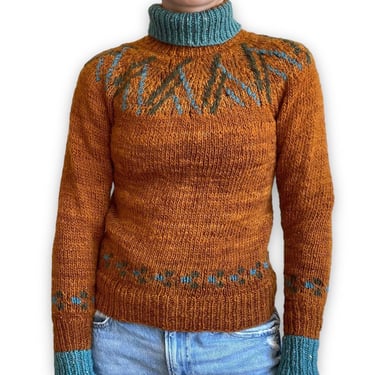 Vintage Womens 1970s Hand Knit Wool Orange Blue Fair Isle Boho Nordic Sweater XS 