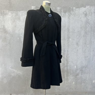 Vintage 1930s Black Wool And Curly Sheep Trim Art Deco Coat Jacket Wrap Townley