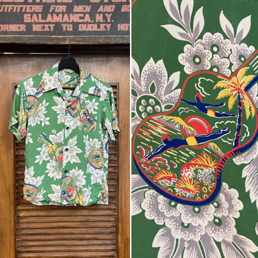Vintage 1940’s Original Ukelele Diver Floral Silky Rayon Hawaiian Shirt, Youth Size, XS Adult, 40’s Vintage Clothing 
