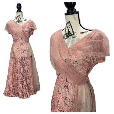 Vintage 1940’s Pink Blush Lace Sheer Overlay Dress Medium Waldes Metal Zipper