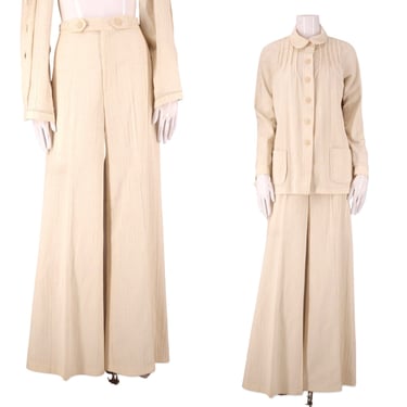 70s bell bottom pants suit 8, vintage 1970s Garland ivory gauze outfit, bells jacket set M 