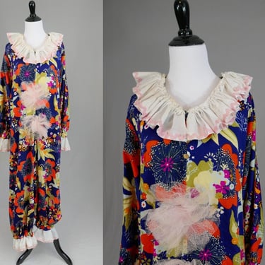 60s 70s Clown Costume - Handmade with Hawaiian Style Floral Barkcloth - Ruffle Trim - Vintage 1960s 1970s M L 
