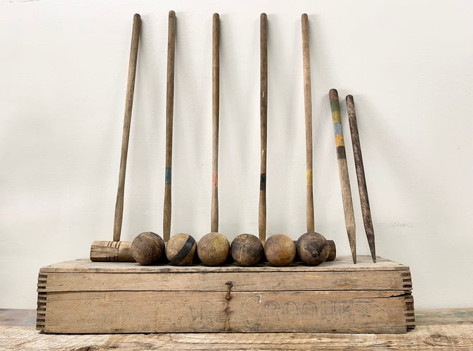 Antique Primitive Croquet Set | Lawn Balls | Lawn Bowling | Wood Croquet | Vintage Sports Decor | Yard Games | Wood Balls 