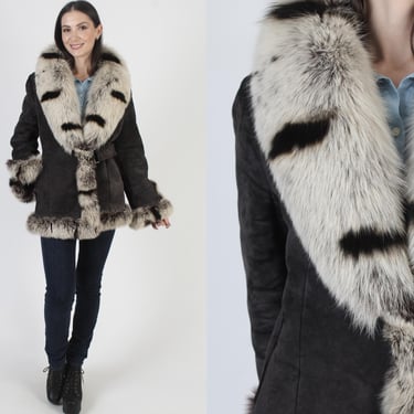 Grey Suede Shearling Coat, Plush Spotted Fox Fur Trim, Real Black White Fur Princess Jacket 