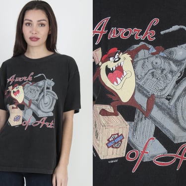1993 Harley Davidson Looney Tunes T Shirt, A Work Of Art Tazmanian Devil Graphic, TAZ Fun Wear Single Stitch Tee Large L 