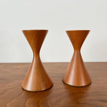 Pair of Berea College Mid Century Modern Turned Cherry Wood Candlesticks 