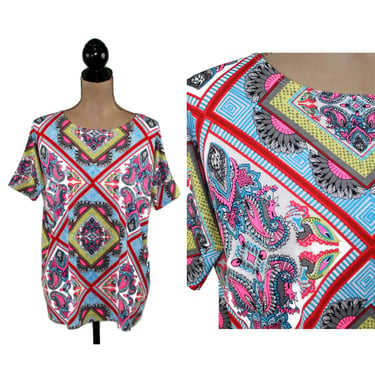 Scarf Print Blouse Medium, Short Sleeve Dolman Top, Stretchy Knit Colorful Casual Spring Summer, Vintage Clothes for Women, Made in the USA 