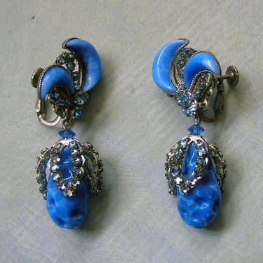 Vintage Signed Miriam Haskell Bead and Montee Clip-On Earrings, Old Blue Art Glass Haskell Beaded Earrings #4396 