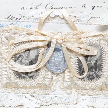 Antique 1920's Scapula, Vintage Nun's Work, Cloth & Ribbon, Paper Lace Trim, Religious Medal 