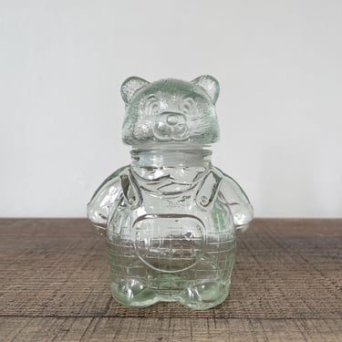 Vintage Figural Teddy Bear in Overalls Glass Lidded Jar 