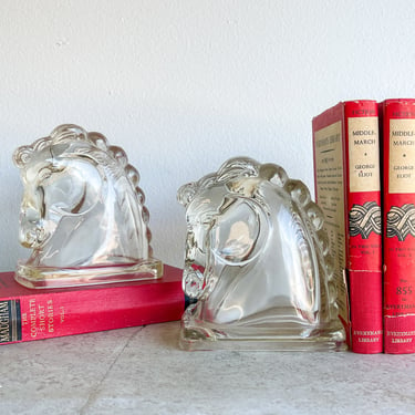 Vintage Set of Federal Clear Glass Horse Bookends 1940s Shelf Decor Chess Piece Bookends Equestrian Modern Country Book Ends Set of Two 