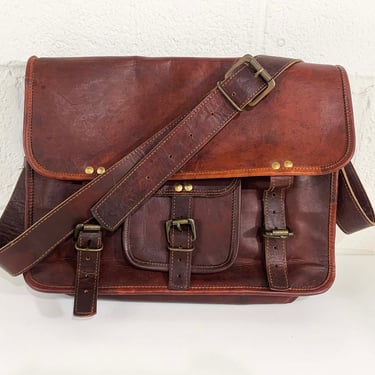 Vintage Large Leather Briefcase Tote Industrial Zipper Laptop Sturdy Bag School Satchel Rugged Shoulder Purse Messenger Brass Buckle 1970s 