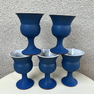 Vintage bohemian pottery wine goblets blue white brown set 5 holds 7 oz. Size 5.5” x 3.5” 