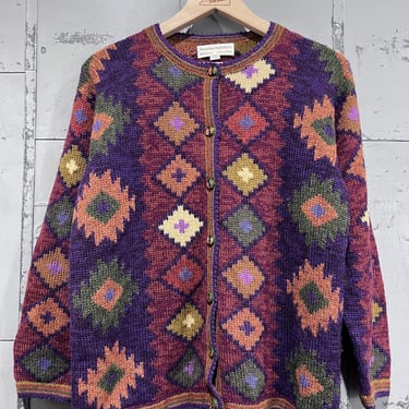 90s, Medium Geometric Aztec  button up sweater chunky hand knit cardigan cotton blend 