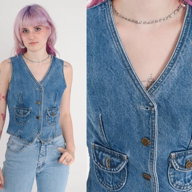 90s Denim Vest Top 90s Paris Blues Crop Top Jean Shirt Sleeveless Blue Top 1990s Tight  Neck Vintage Hipster Button Up Small s 