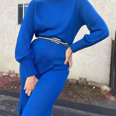 1970s/1980s royal blue acrylic sweater dress by Miss Oops California, m/l/xl 