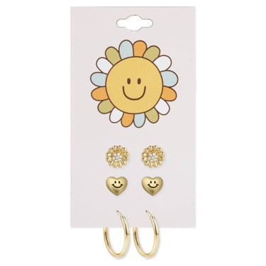 Gold Flower Heart Post Hoop Earrings Set