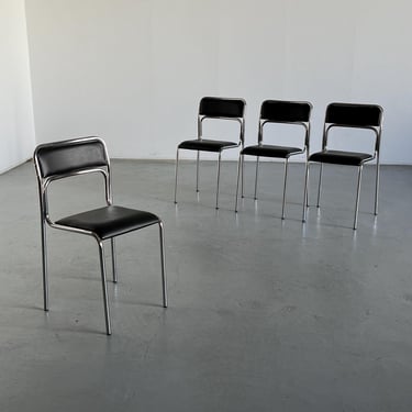 Set of 4 Bauhaus Chrome Tubular Steel and Black Faux Leather, Italian Modernist Stackable Dining Chairs 