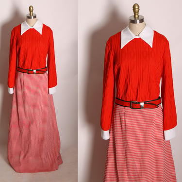 1970s Red and White Polyester Long Sleeve Pointed Collar Full Length Dress by Claire Larabee -L 