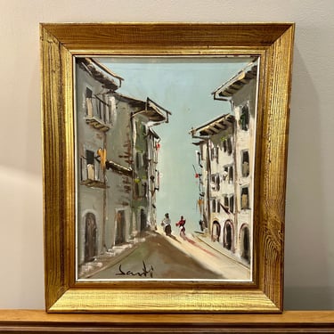 Mid Century Oil Painting, European Street, Signed Santi - Free Shipping 