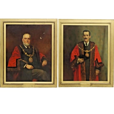 Paintings, J. E. Brooke, Pair, (2) Portraits Of British Mayors, Vintage /Antique