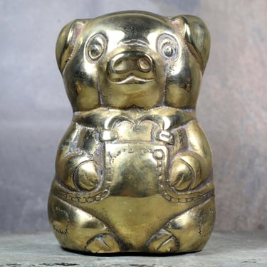 Brass Piggy Bank | Pig in Overalls Heavy Brass Coin Bank | Poorly the Pig Brass Bank | Bixley Shop 