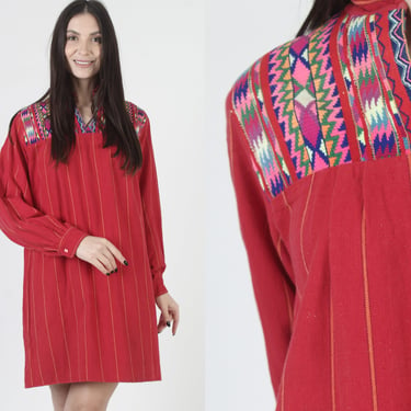 Embroidered Guatemalan Red Cotton Mini Dress, Ikat Aztec Rainbow Tribal Embroidery, Loose Fitting Mexican Cover Up 