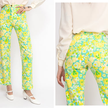 Vintage 1970s 70s Floral Psychedelic Lilly Pulitzer High Waisted Slim Fit Pants Trousers Slacks 