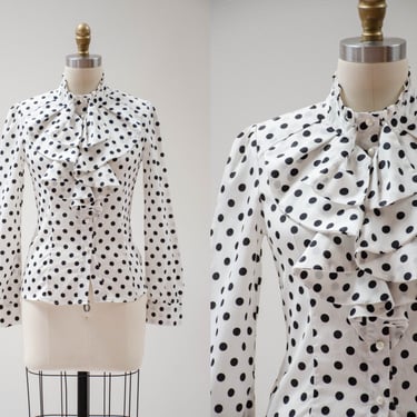 ruffled collar blouse | 80s 90s vintage silky black and white polka dot ascot dark academia cute cottagecore vintage blouse 
