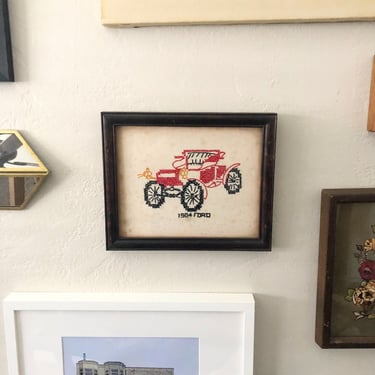 1904 Ford Cross Stitch Wall Decor, Vintage Framed Cross Stitch Art, 1904 Ford Car Stitched Art, Bohemian Eclectic Art by Mo