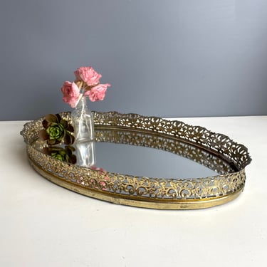 Gold filigree mirrored vanity tray - vintage vanity decor 