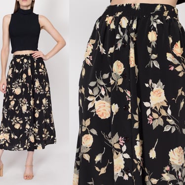 Medium 90s Black & Yellow Floral Maxi Skirt | Vintage Boho Grunge High Waisted A Line Button Front Elastic Skirt 