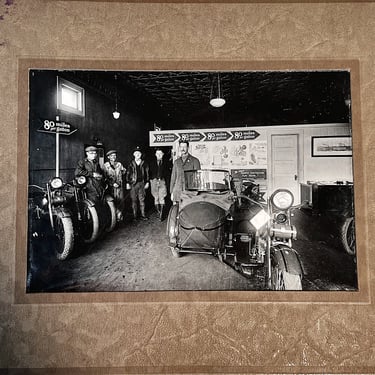 Antique Harley Davidson Dealer Photograph from 1920s Minneapolis - Rare Interior Motorcycle Shop Photography - 80 Miles Per Gallon Advert 
