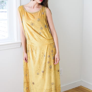 1920s French Beaded Citrine Silk Velvet Gown | M/L 