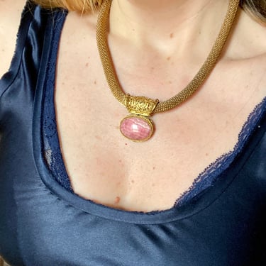 Rose Quartz & Gold Filigree Mesh Necklace