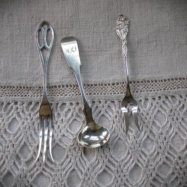 3 Petit Antique Sterling Silver Serving Forks and Spoon 