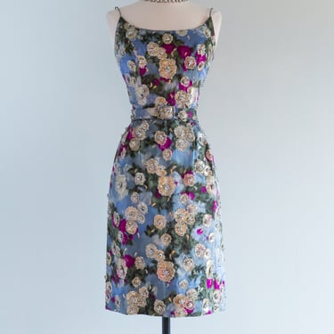 Divine Early 1960's Silk Floral Print Cocktail Dress With Lame' &amp; Sequins / Waist 26