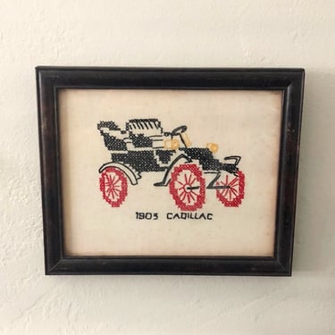 1903 Cadillac Cross Stitch Wall Decor, Vintage Framed Cross Stitch Art, 1903 Cadillac Car Stitched Art, Bohemian Eclectic Art by Mo