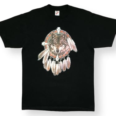 Vintage 90s Native American Dream Catcher & Wolf Graphic Nature T-Shirt Size Large/XL 