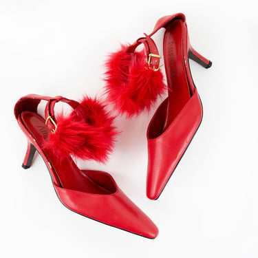 Vintage Red Ankle Faux Fur Pointed Toe Kitten Heels size 7.5 US Women's 