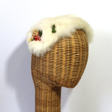 Vintage 1950s White Rabbit Fur Bunny cap Hat headband Angora Winter Holiday 