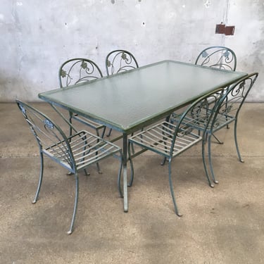 Wrought Iron Rectangular Glass Top Table &amp; Set of Six Chairs Set