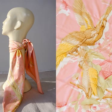 Salvatore Ferragamo Light Pink Parrot & Floral Print Hand Rolled Silk Scarf | Made in Italy | 100% Silk | Large 33x34 | Designer Silk Scarf 